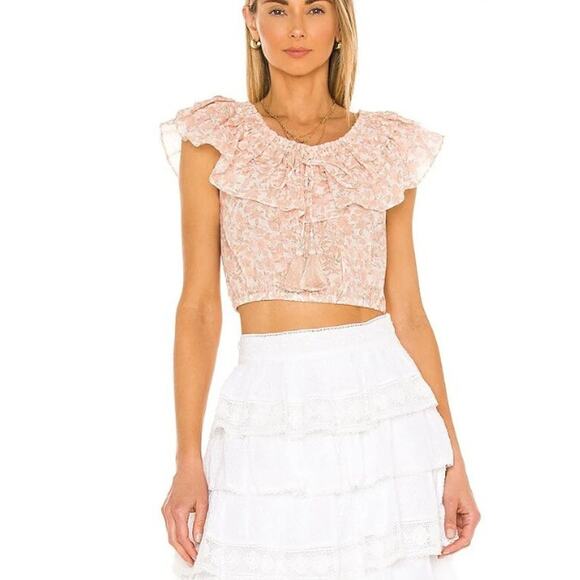 Love Shack Fancy Pink Floral Ruffle Dorin Cotton Crop Top Womens Small - Picture 1 of 8